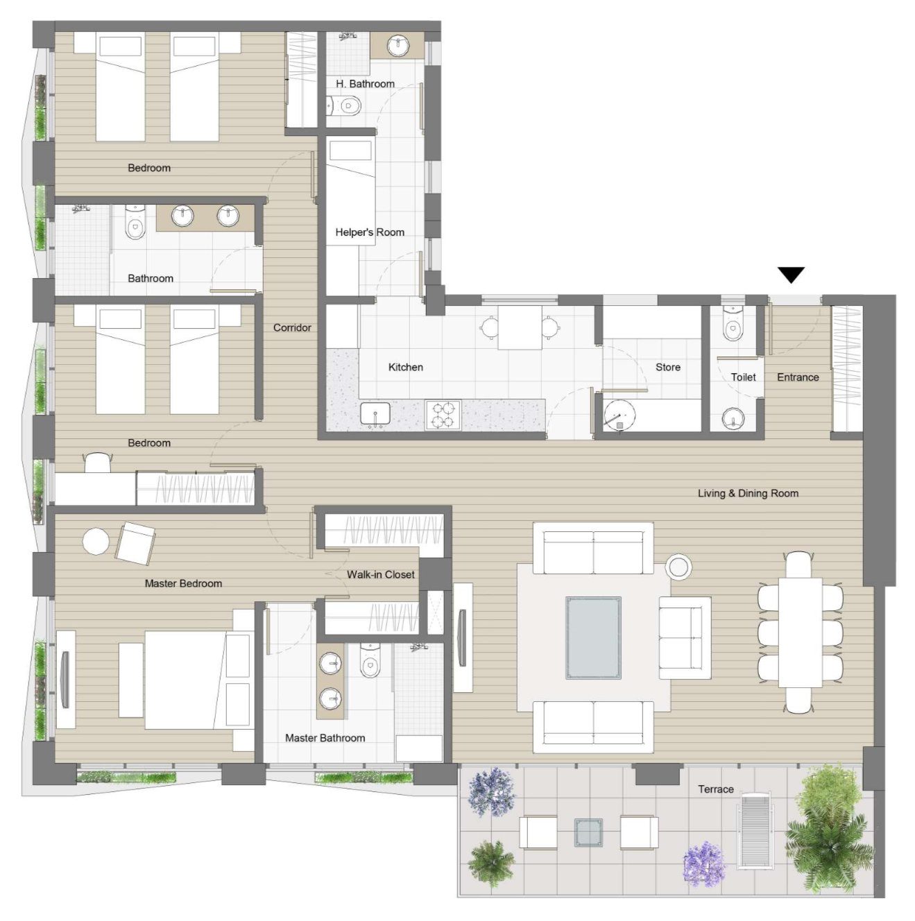 Plan of a three bedroom apartment with helpers quarters in Kefita, Addis Ababa