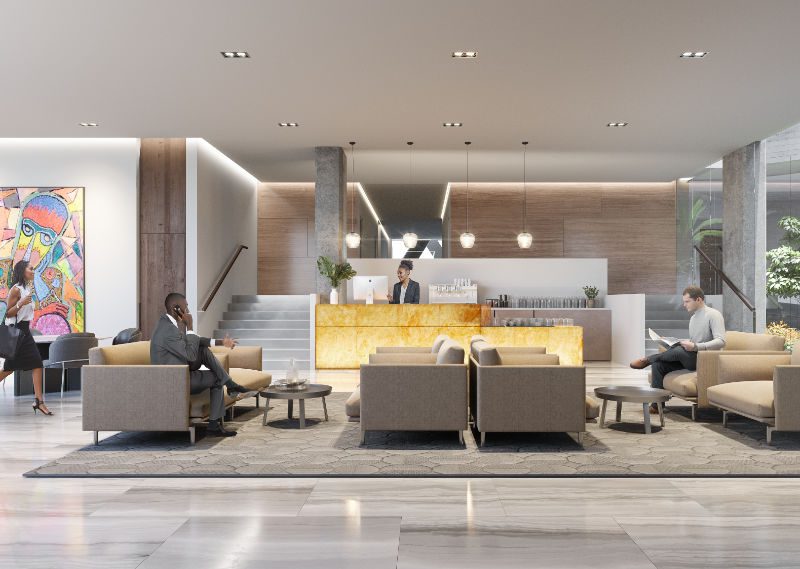 Render of the reception area on the Kefita Floor Render of the reception area on the Kefita Floor