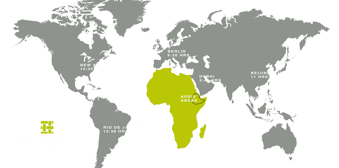 World map showing flight times from key cities to Addis Ababa