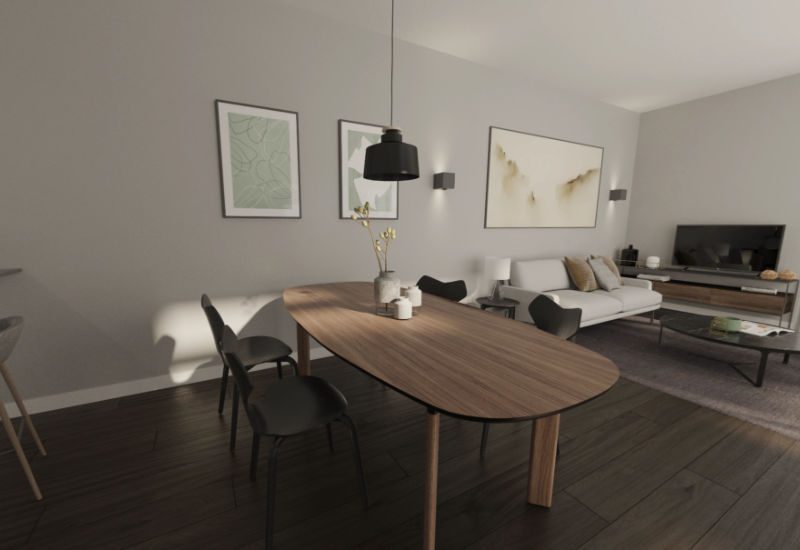 Render of interior of Kefita apartment showing dining table and lounge area beyond