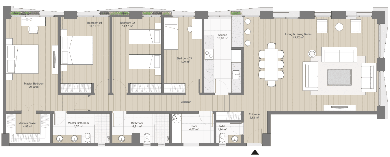 Plan of a 4 bed apartment in Kefita